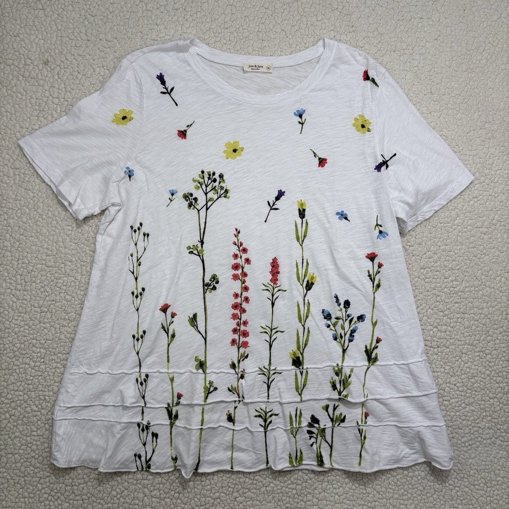 Jess & Jane White Floral Tunic Top XL Short Sleeve Spring Summer Ruffle Colorful